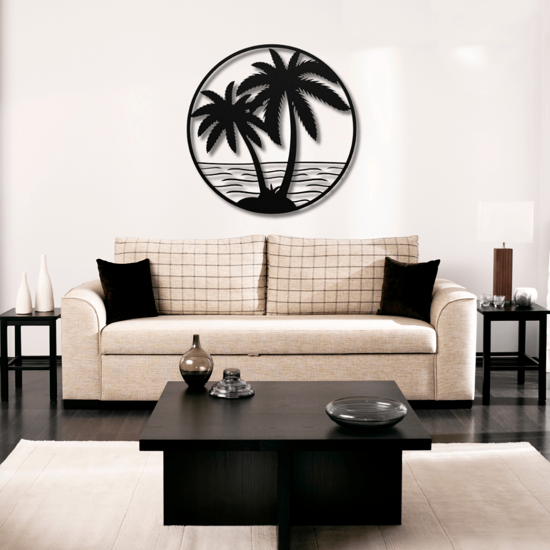 Wall Art Black / 12 Inch Beach Scene with Palm Tree Wall Art