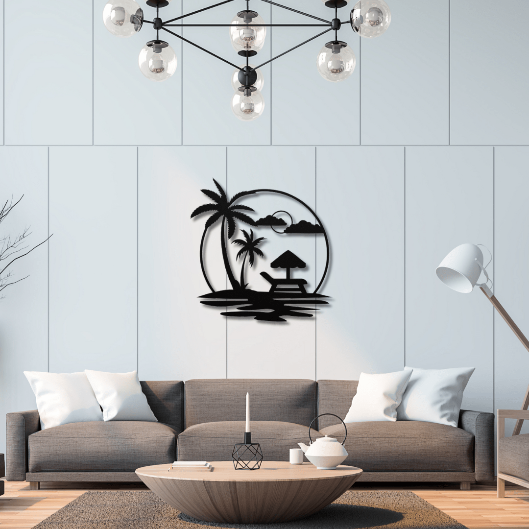 Wall Art Black / 12 Inch Beach Scene with Palm Trees in a Circular Frame