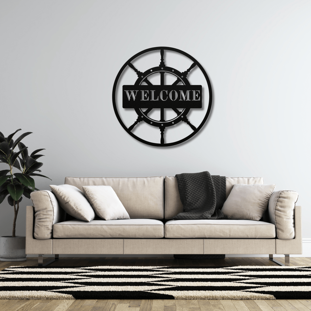 Wall Art Black / 12 Inch Boat Steering Wheel Welcome Sign