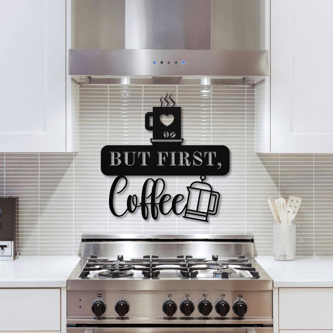 Wall Art Black / 12 Inch But First, Coffee Wall Art with French Press