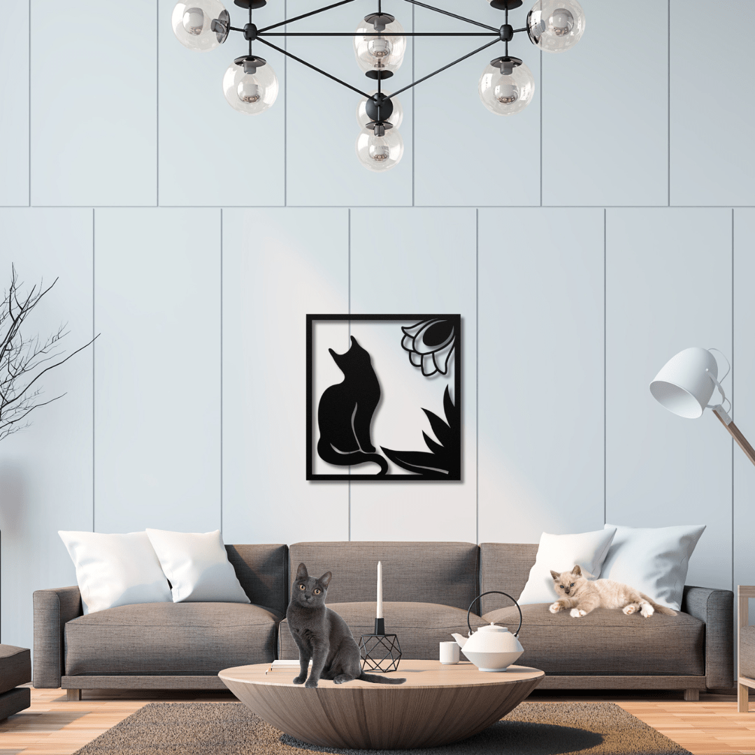 Wall Art Black / 12 Inch Cat and Flower in a Rectangle Frame