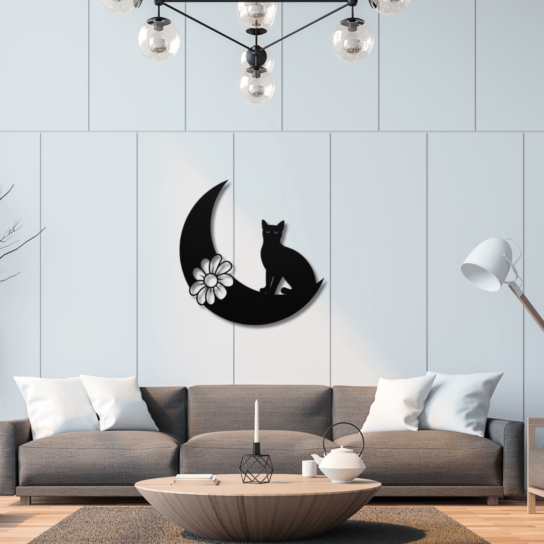 Wall Art Black / 12 Inch Cat on Crescent Moon with Flower