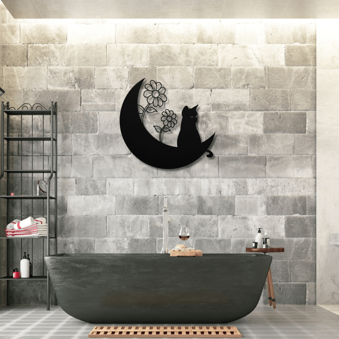 Wall Art Black / 12 Inch Cat on Crescent Moon with Two Flowers