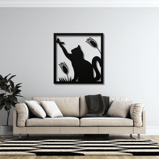 Wall Art Black / 12 Inch Cat Playing with a Butterfly Wall Art