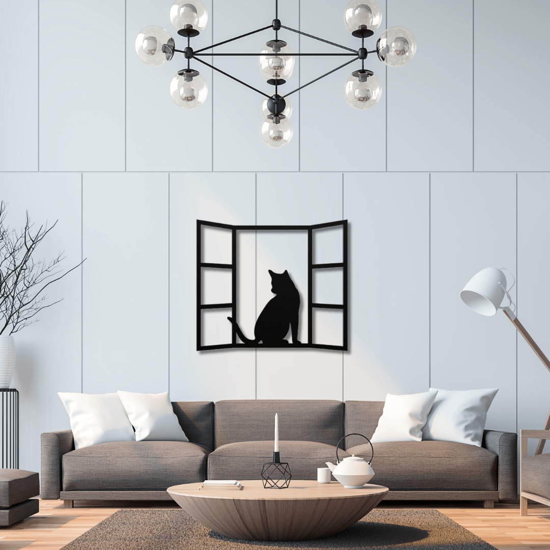 Wall Art Black / 12 Inch Cat Sitting in a Windowsill