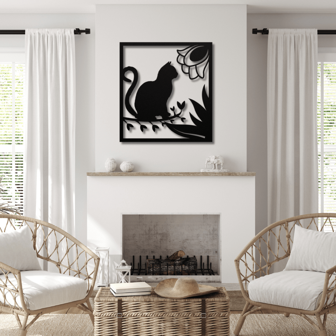 Wall Art Black / 12 Inch Cat Sitting on a Branch in a Rectangle Frame