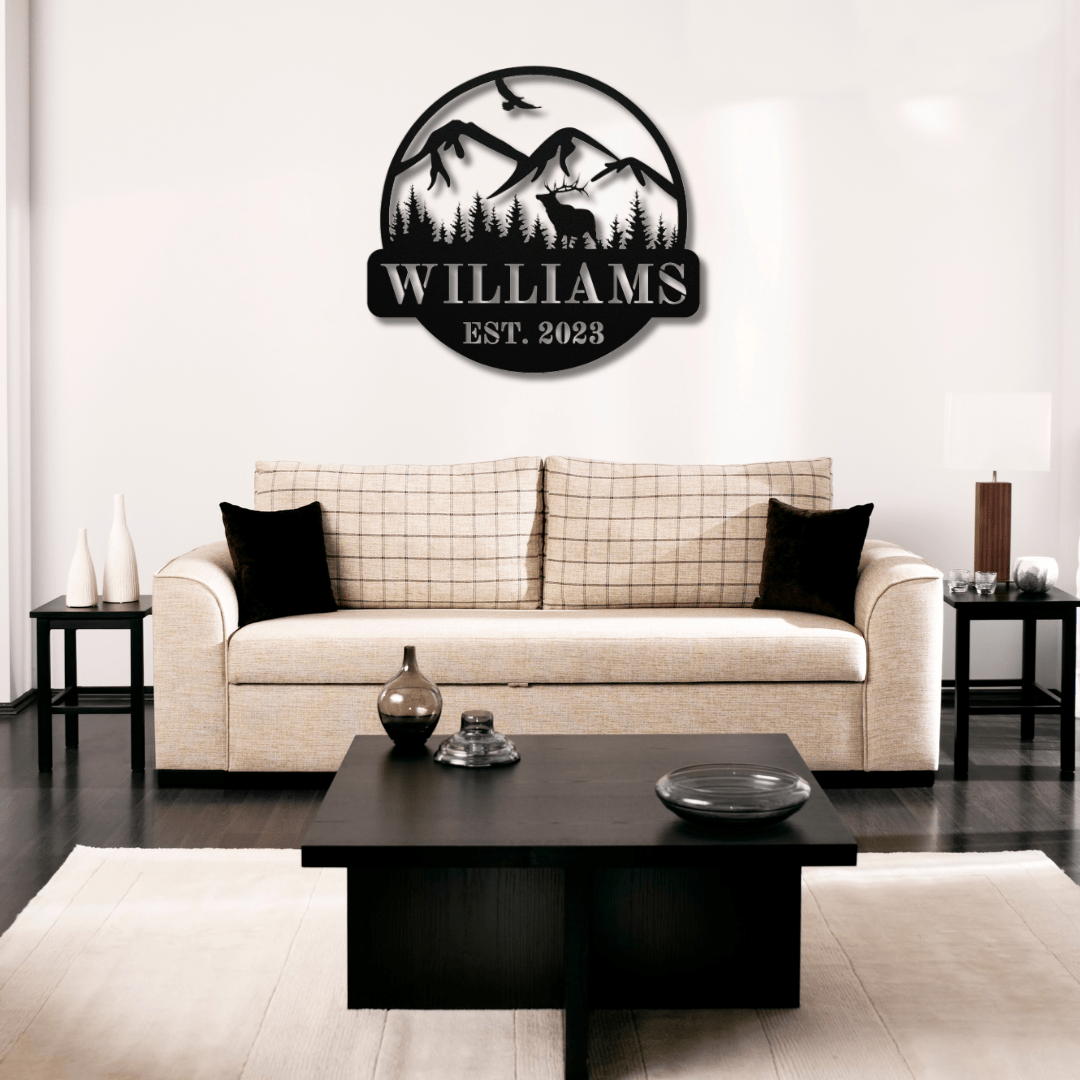 Wall Art Black / 12 Inch Custom Mountain and Elk Name Sign