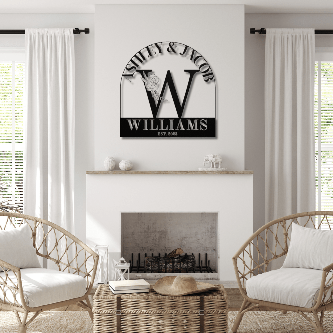 Wall Art Black / 12 Inch Custom Name and Monogram with Flower and Established Date