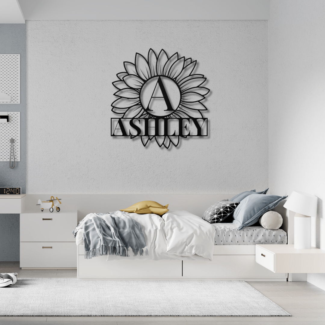 Wall Art Black / 12 Inch Custom Sunflower Monogram and Name Sign