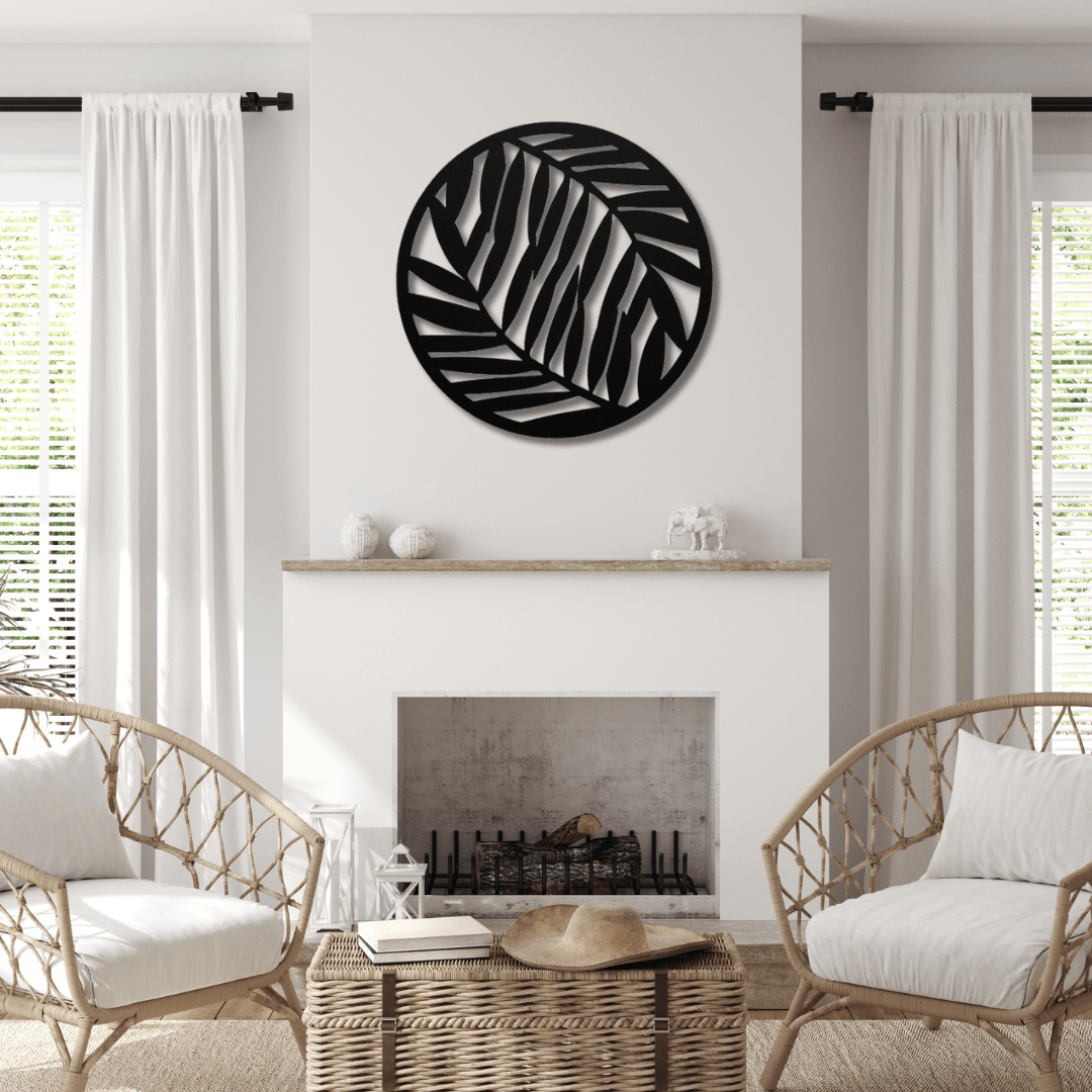 Wall Art Black / 12 Inch Decorative Leaves in a Circular Frame