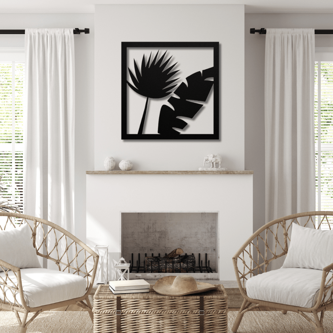 Wall Art Black / 12 Inch Decorative Leaves in a Square Frame