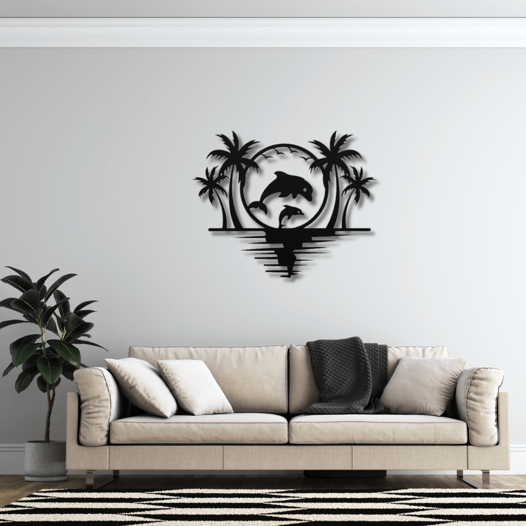 Wall Art Black / 12 Inch Dolphin and Palm Tree Scenic Wall Art