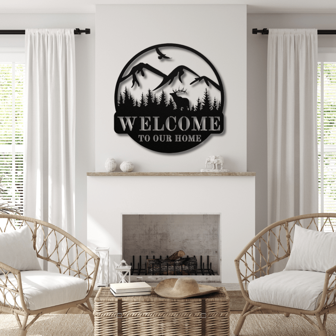 Wall Art Black / 12 Inch Elk and Mountains Welcome Sign