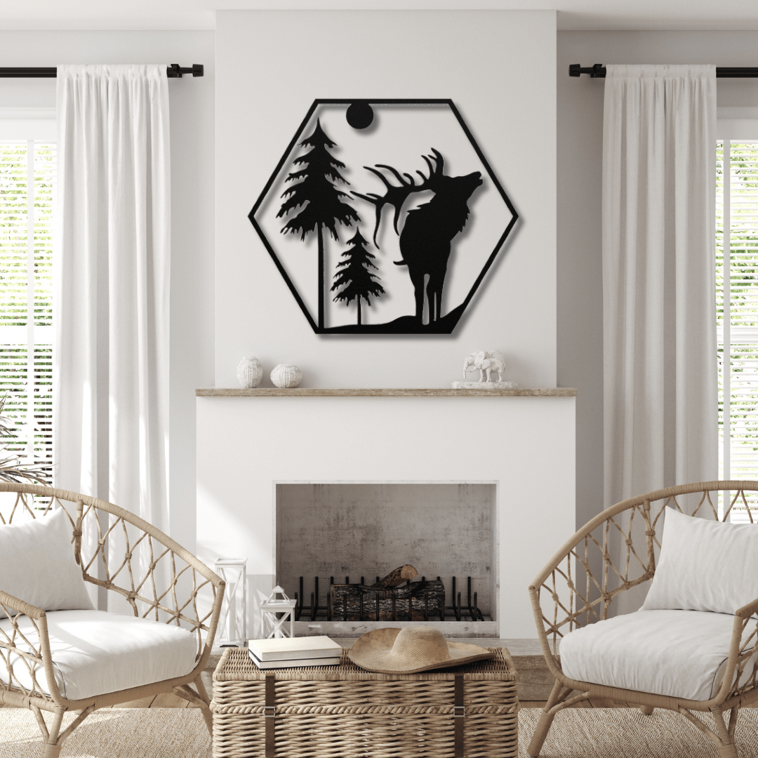 Wall Art Black / 12 Inch Elk Scene in a Hexagon Frame