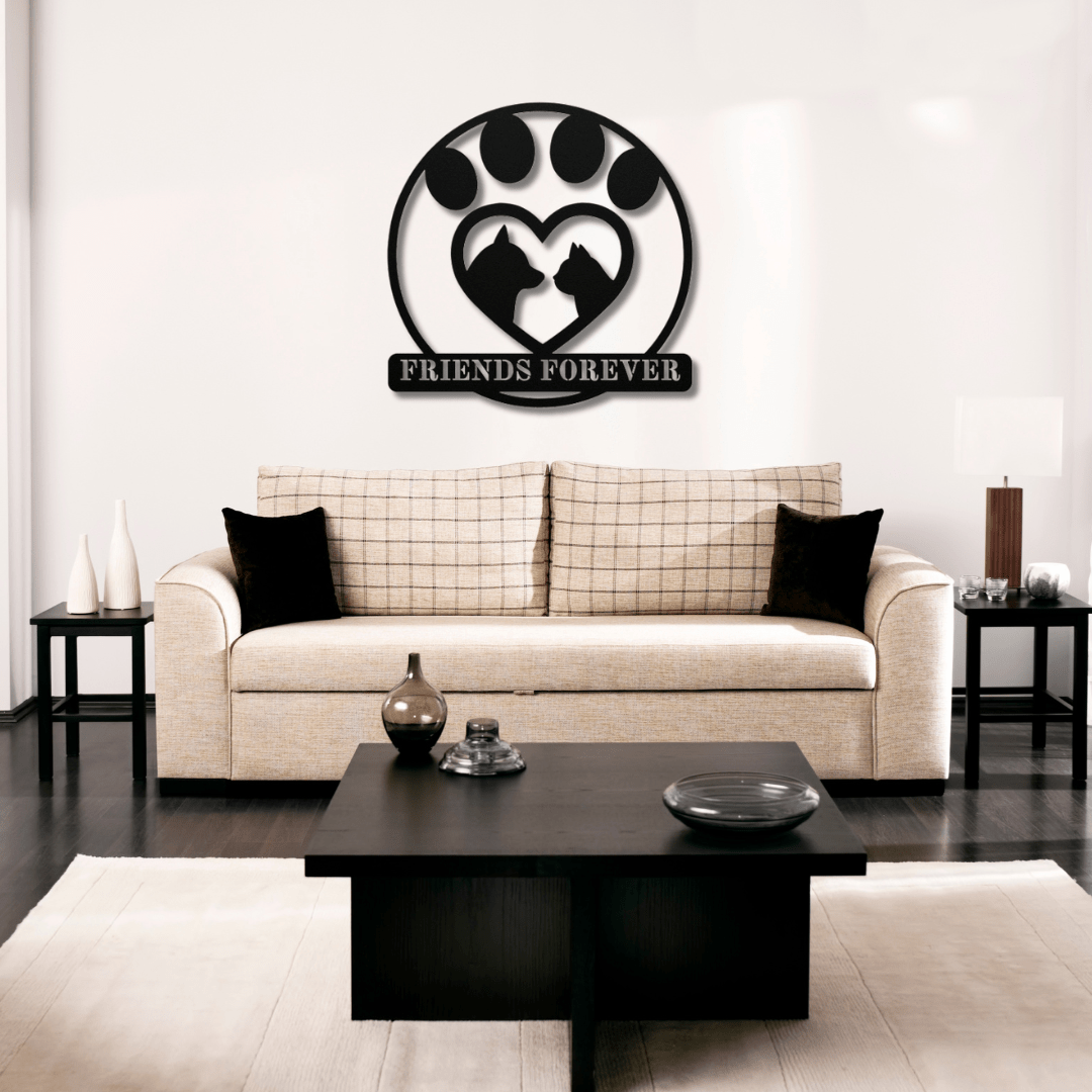 Wall Art Black / 12 Inch Friends Forever Cat and Dog Heart Paw Print Wall Art