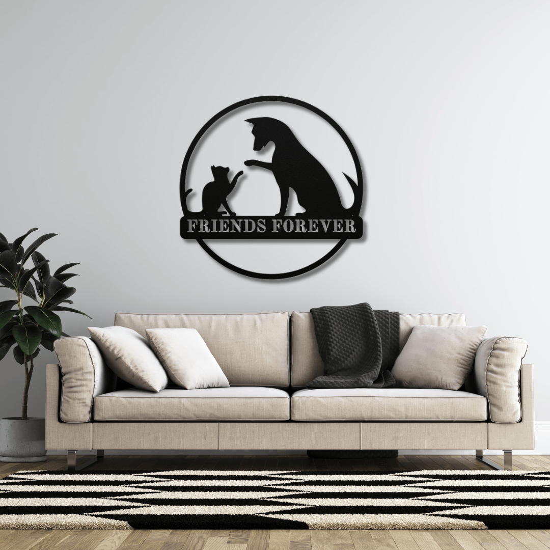 Wall Art Black / 12 Inch Friends Forever Cat and Dog Wall Decor with Circle Frame