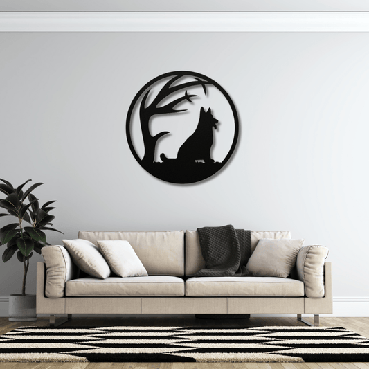 Wall Art Black / 12 Inch Gazing Dog in Circular Frame