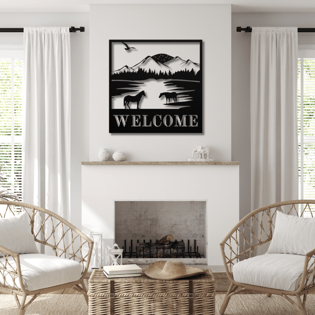 Wall Art Black / 12 Inch Horse and Mountains Welcome Sign