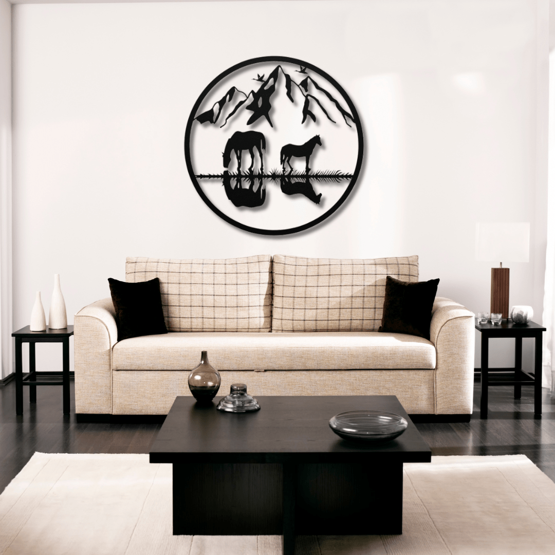 Wall Art Black / 12 Inch Horse Reflections with Circular Frame