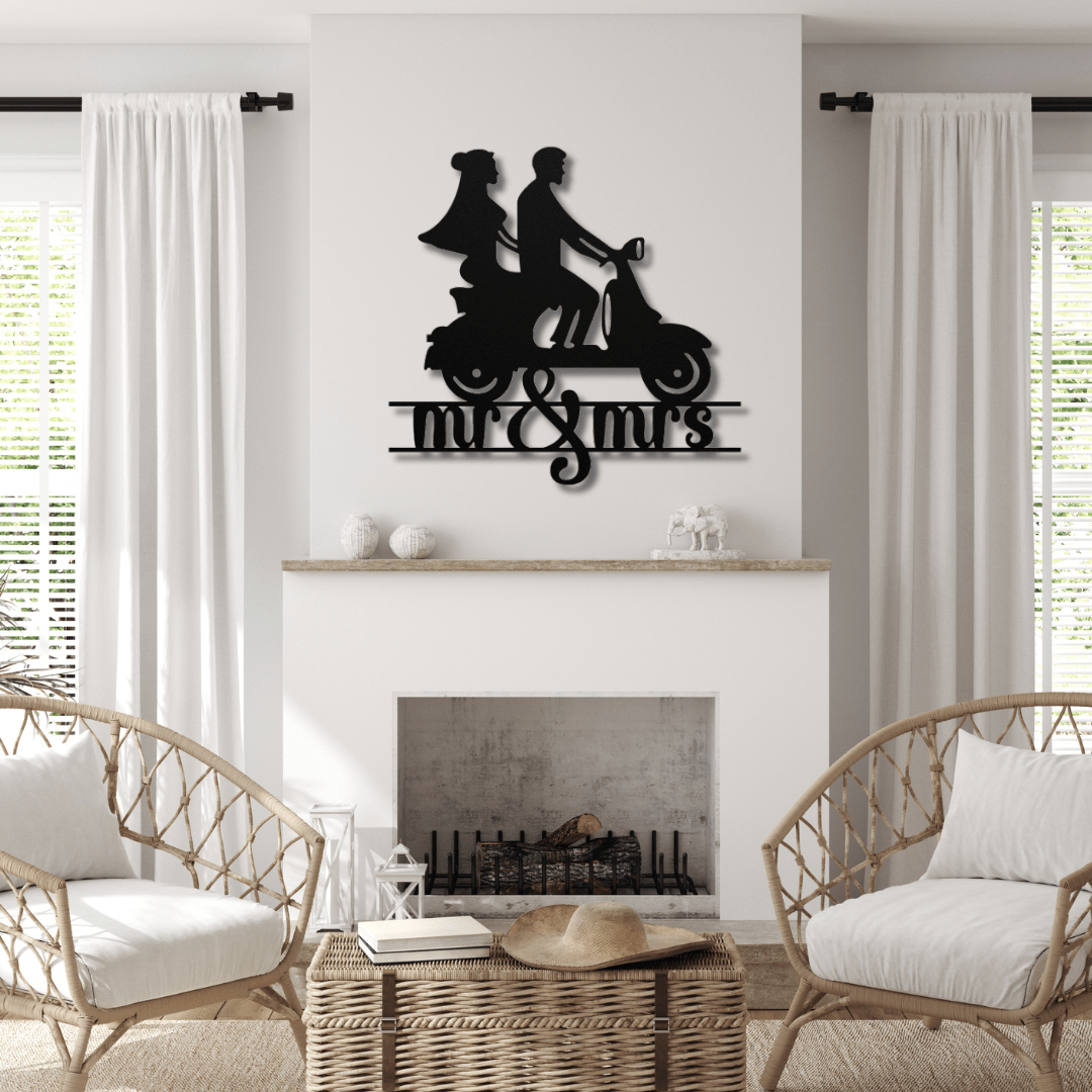 Wall Art Black / 12 Inch Mr. & Mrs. on a Motorcycle Wedding Wall Art