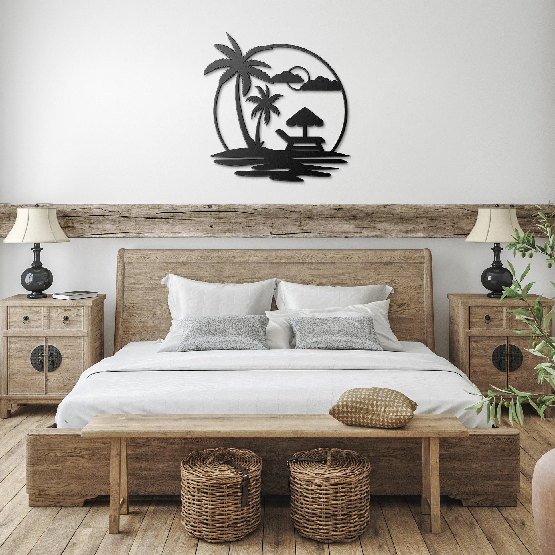 Wall Art Black / 12 Inch Ocean Scene with Palm Trees