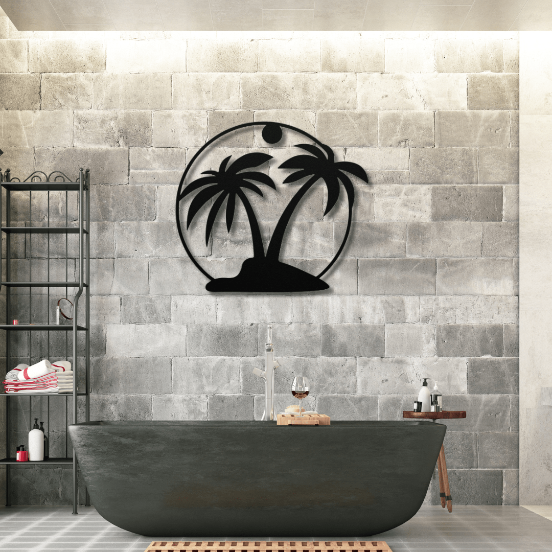 Wall Art Black / 12 Inch Palm Tree Wall Art in a Circular Frame