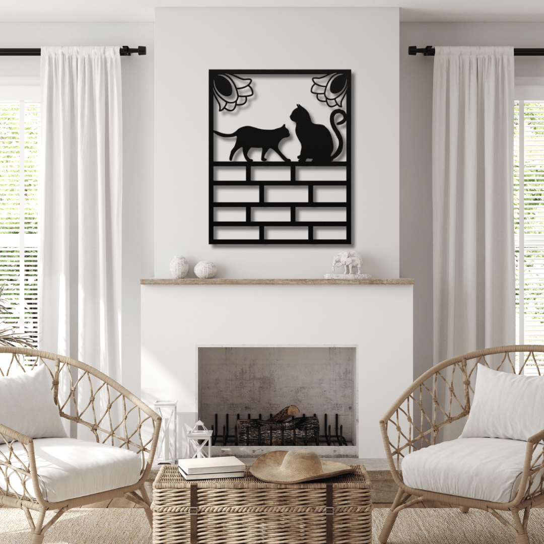 Wall Art Black / 12 Inch Two Cats Hanging Out on Top of a Brick Wall