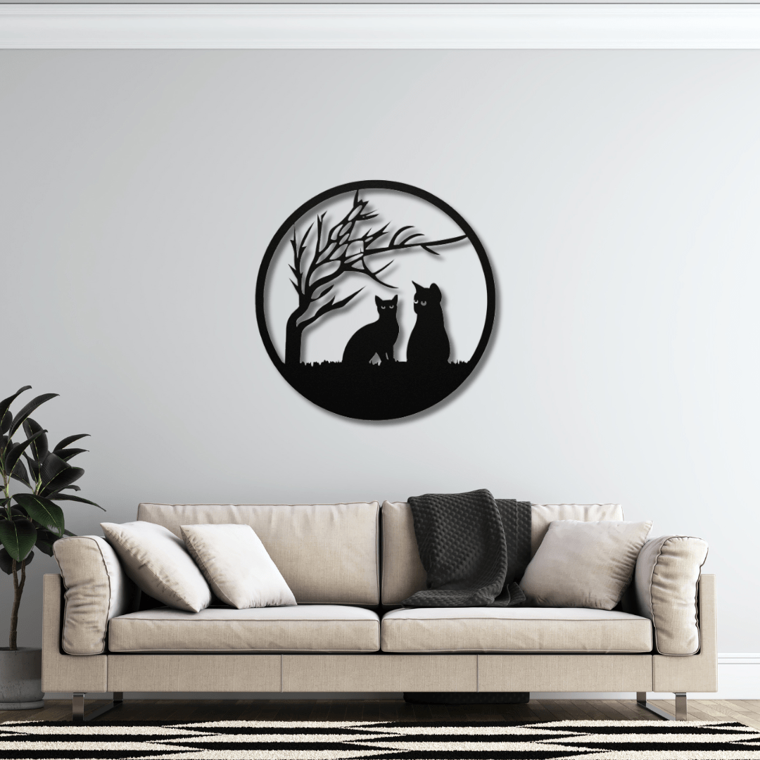 Wall Art Black / 12 Inch Two Cats Outside Under a Tree in a Round Frame