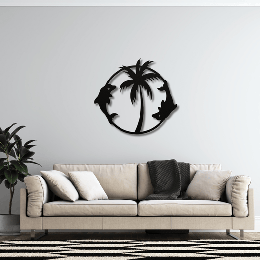 Wall Art Black / 12 Inch Two Dolphin Circular Frame with Palm Tree