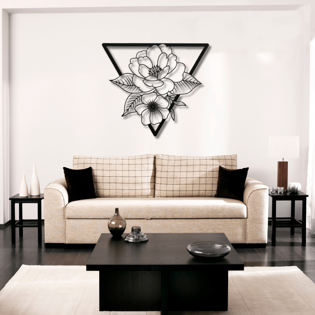 Wall Art Black / 12 Inch Two Gorgeous Flowers in a Triangle Frame