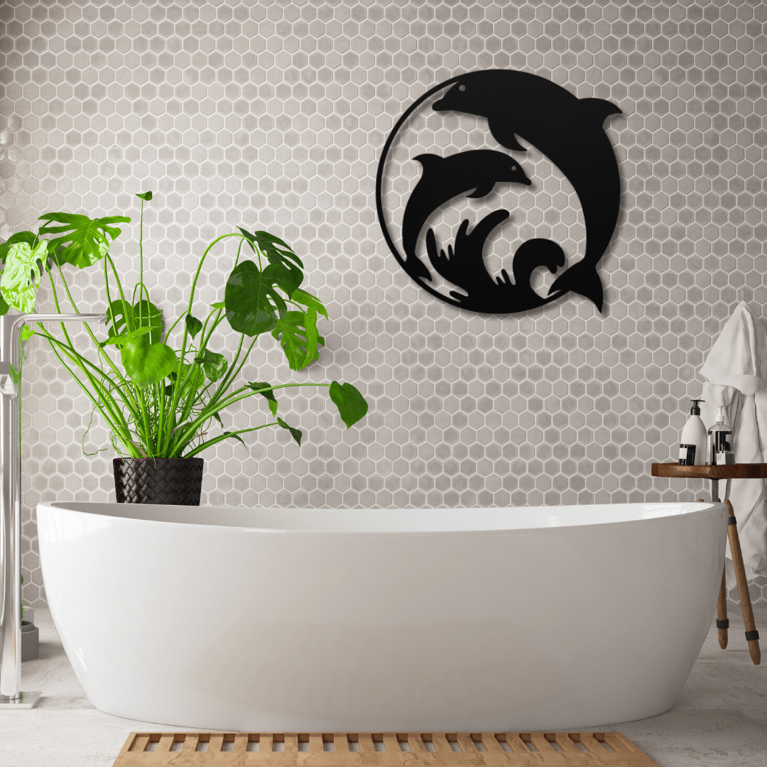 Wall Art Black / 12 Inch Two Playful Dolphins in a Circular Frame Wall Art