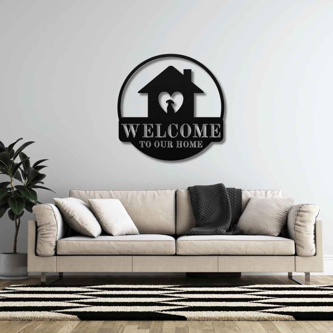 Wall Art Black / 12 Inch Welcome to Our Home Sign with Dog