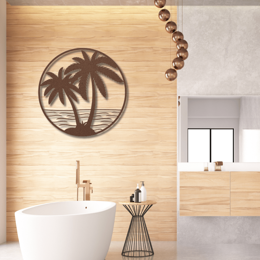 Wall Art Copper / 12 Inch Beach Scene with Palm Tree Wall Art