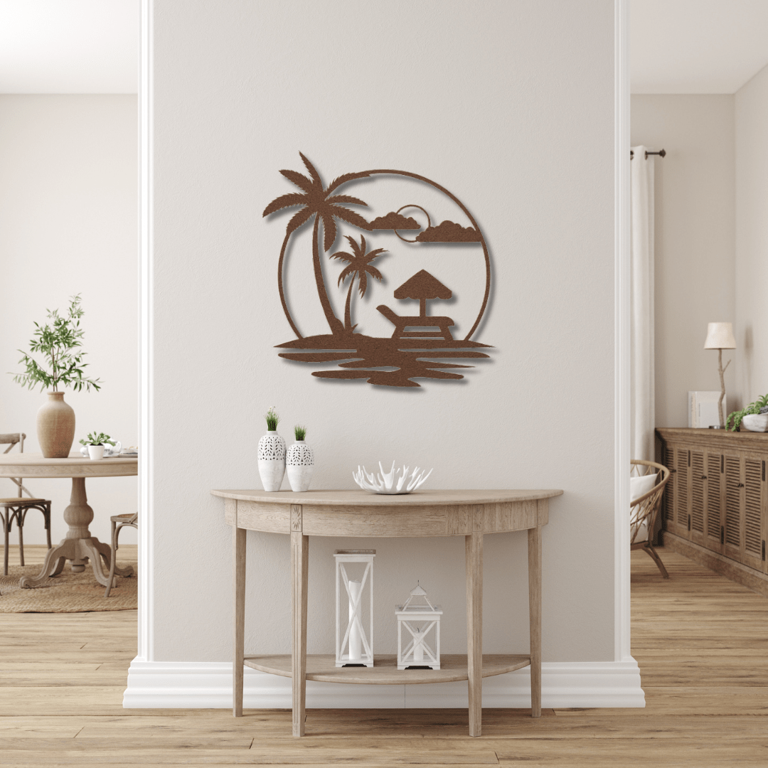 Wall Art Copper / 12 Inch Beach Scene with Palm Trees in a Circular Frame