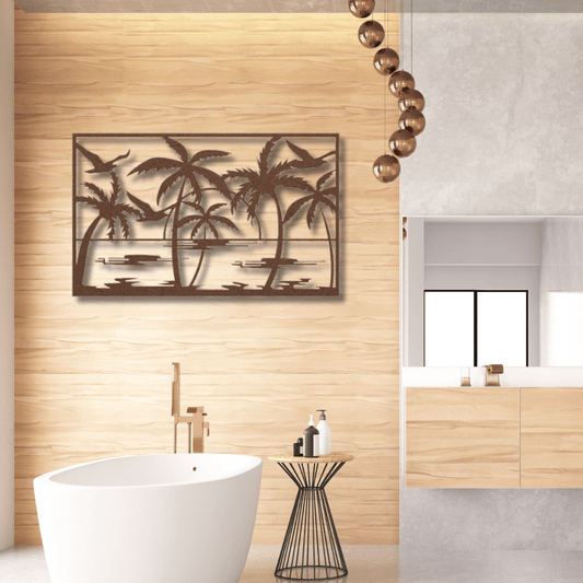 Wall Art Copper / 12 Inch Beach Scene with Palm Trees in a Rectangle Frame