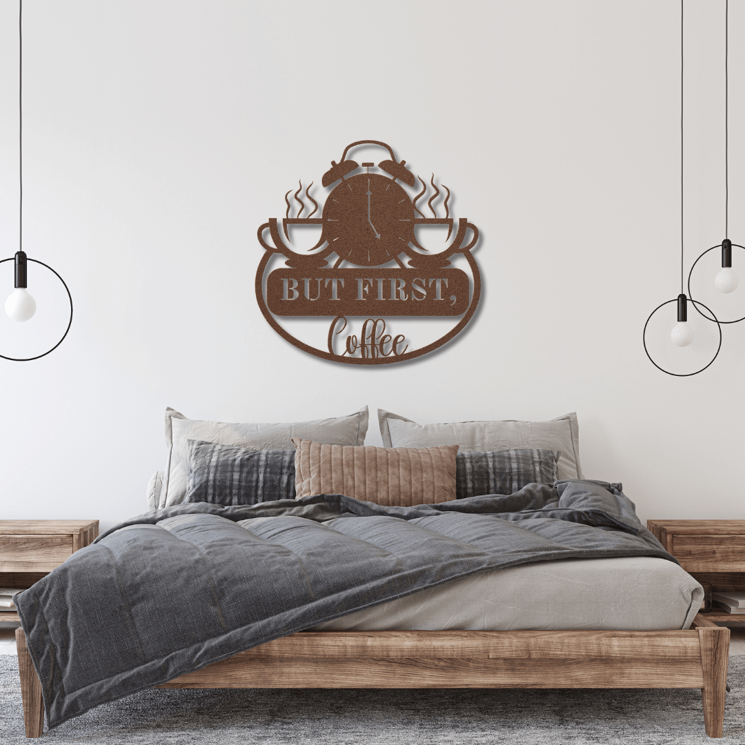 Wall Art Copper / 12 Inch But First, Coffee Wall Art with Clock