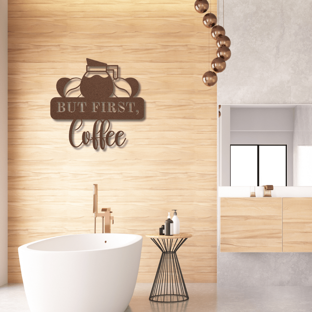 Wall Art Copper / 12 Inch But First, Coffee Wall Art with Coffee Cup and Beans