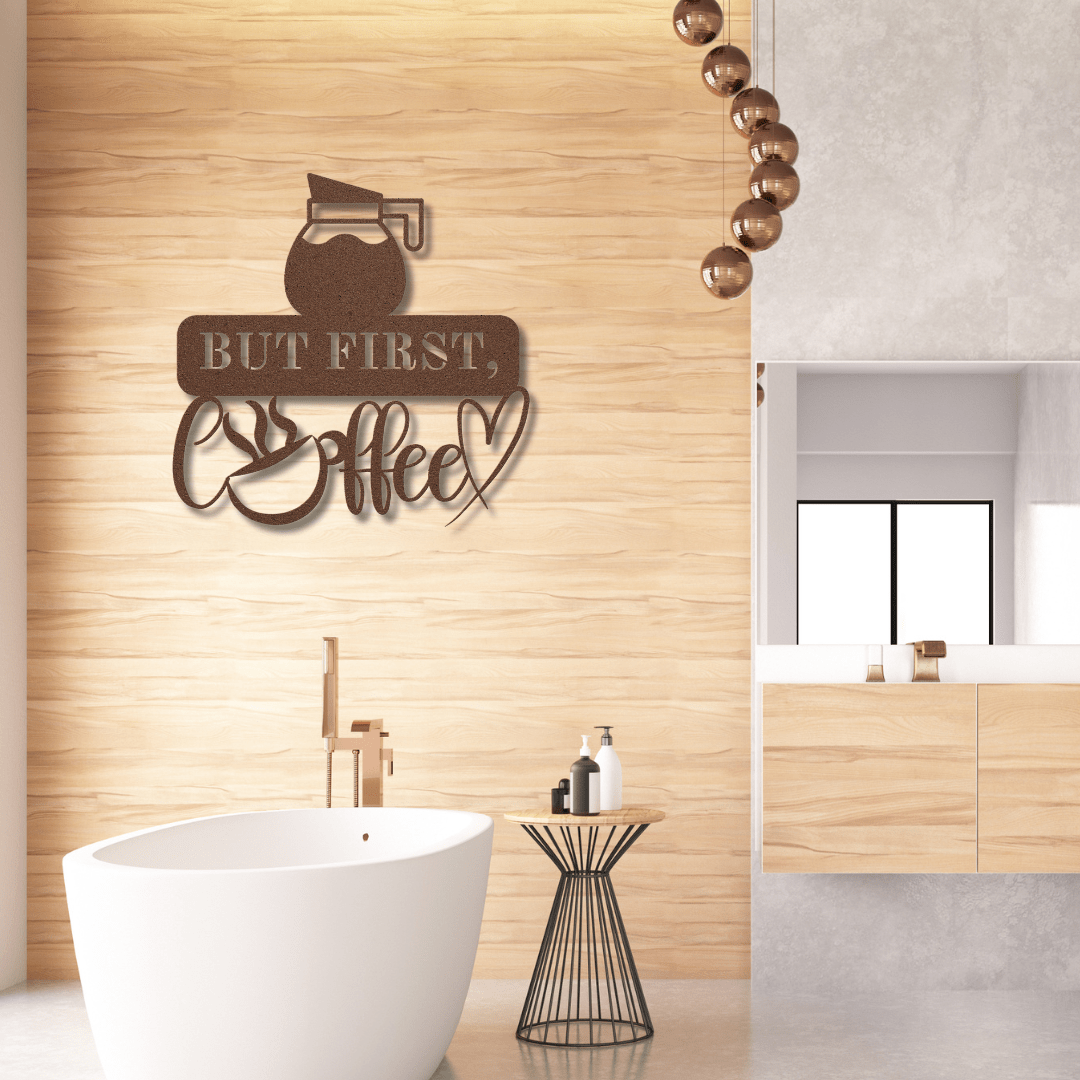 Wall Art Copper / 12 Inch But First, Coffee Wall Art with Coffee Pot and Heart