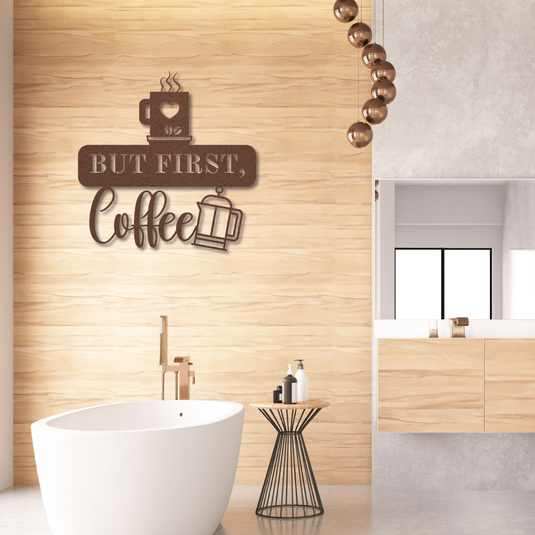 Wall Art Copper / 12 Inch But First, Coffee Wall Art with French Press