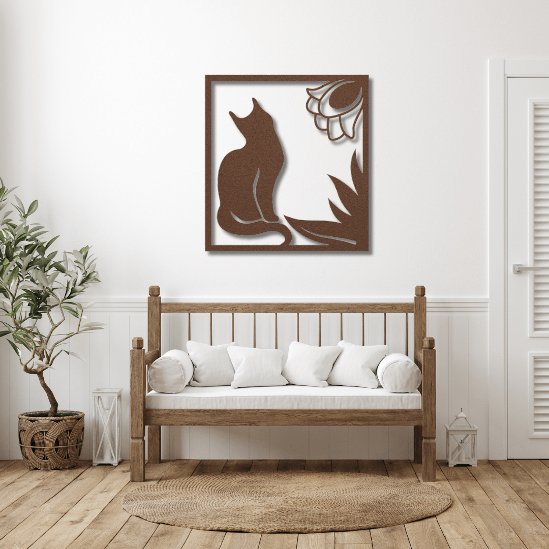 Wall Art Copper / 12 Inch Cat and Flower in a Rectangle Frame