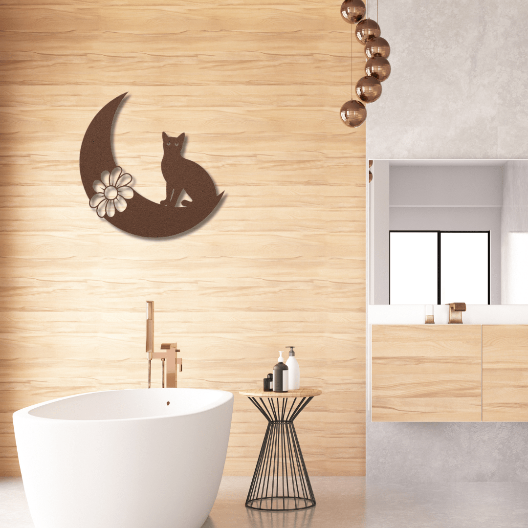 Wall Art Copper / 12 Inch Cat on Crescent Moon with Flower