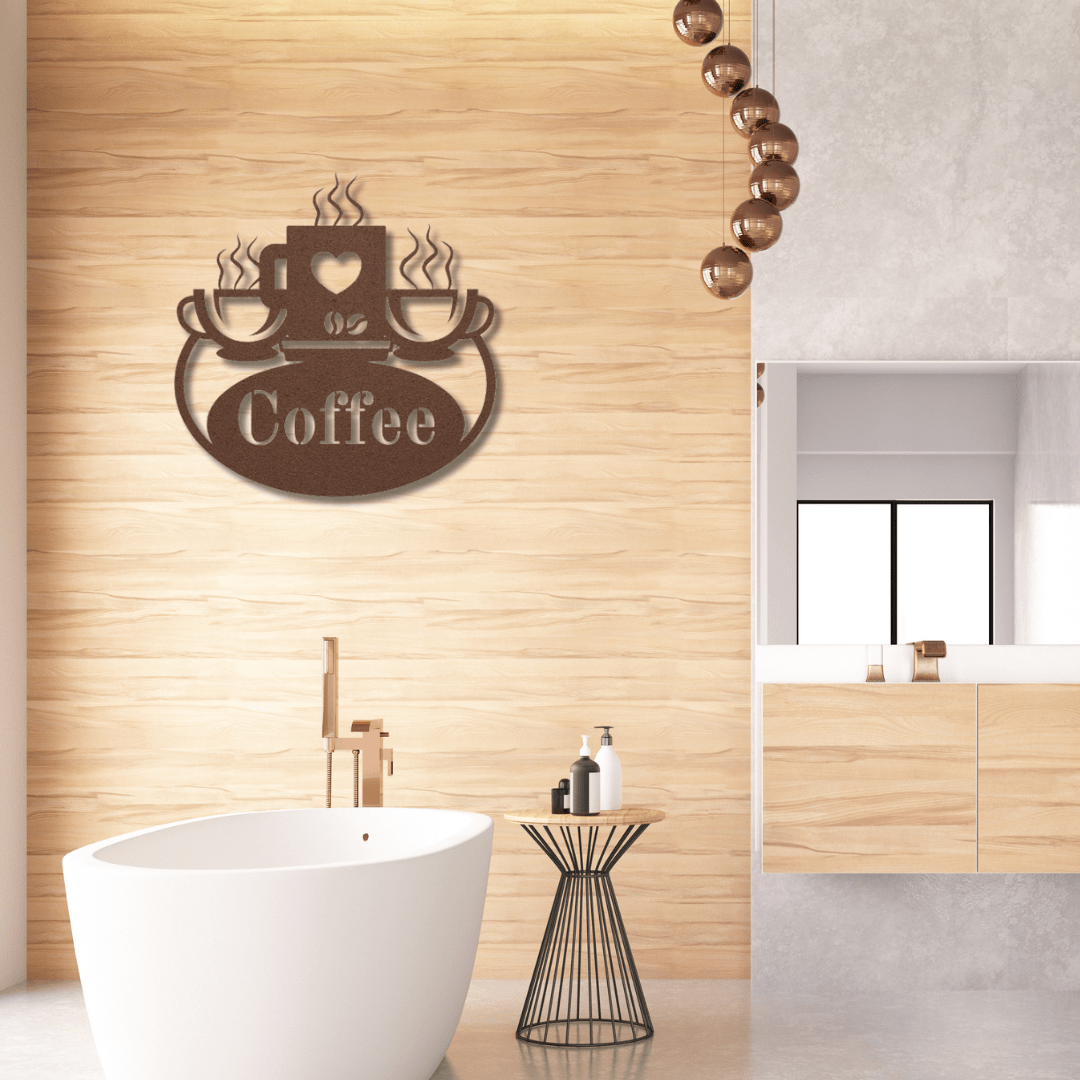 Wall Art Copper / 12 Inch Coffee Kitchen Decor with Three Cups of Coffee