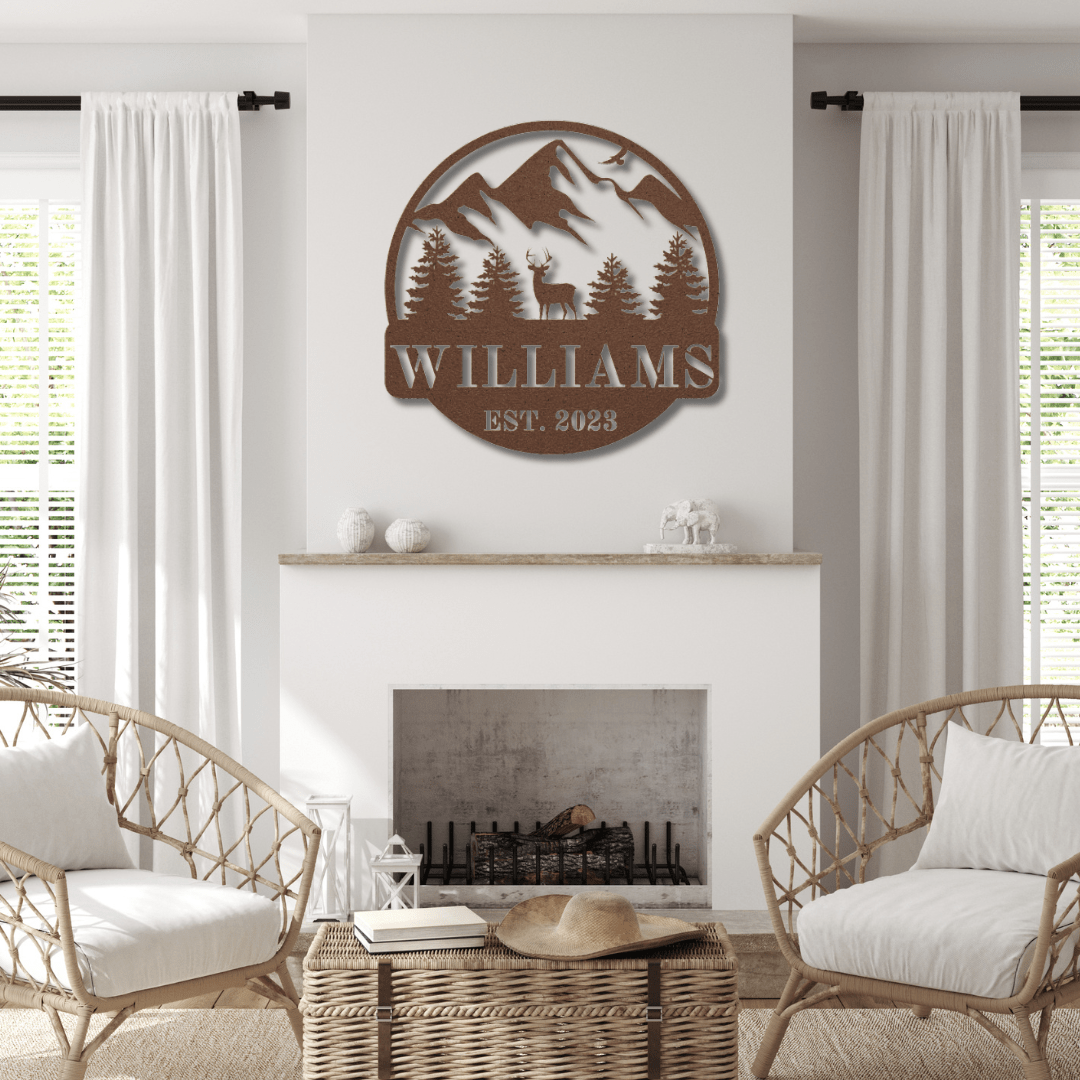 Wall Art Copper / 12 Inch Custom Mountain and Deer Name Sign