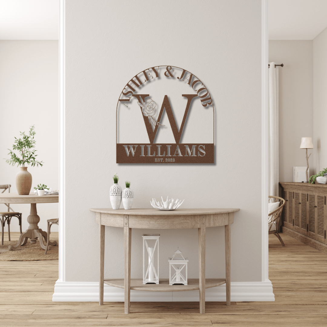 Wall Art Copper / 12 Inch Custom Name and Monogram with Flower and Established Date