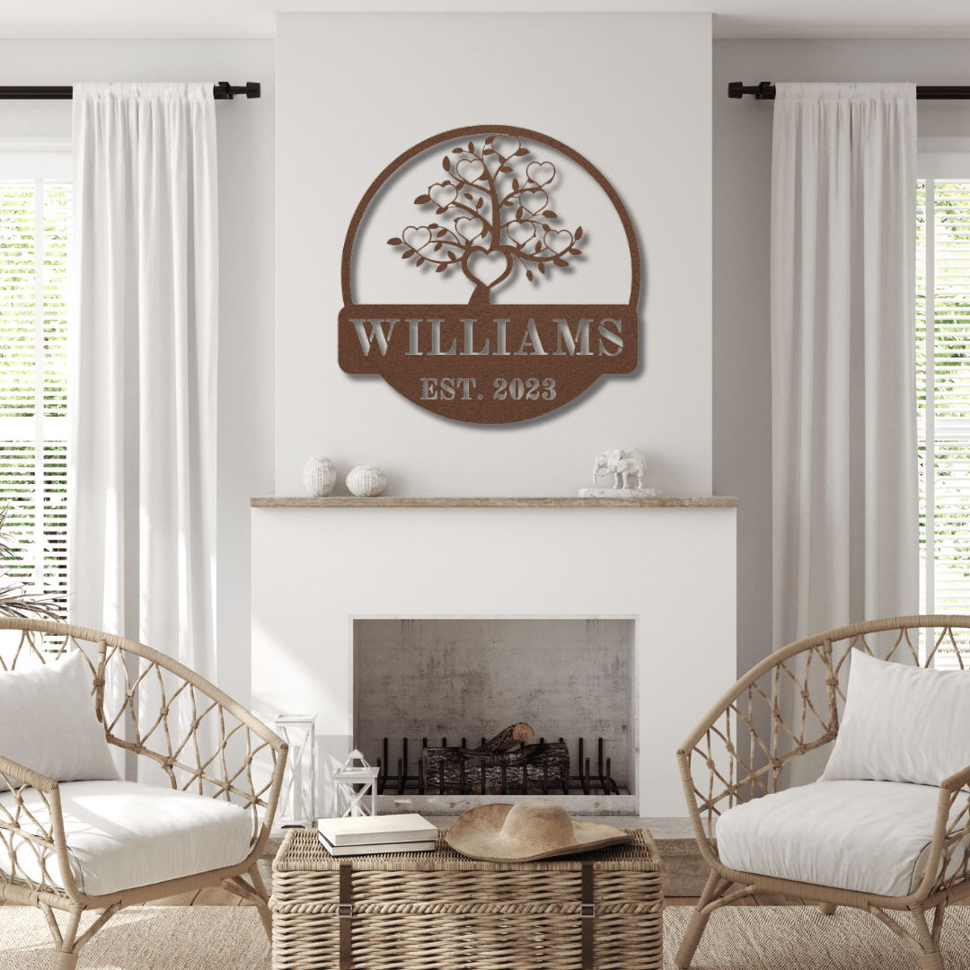 Wall Art Copper / 12 Inch Custom Name Family Tree with Hearts