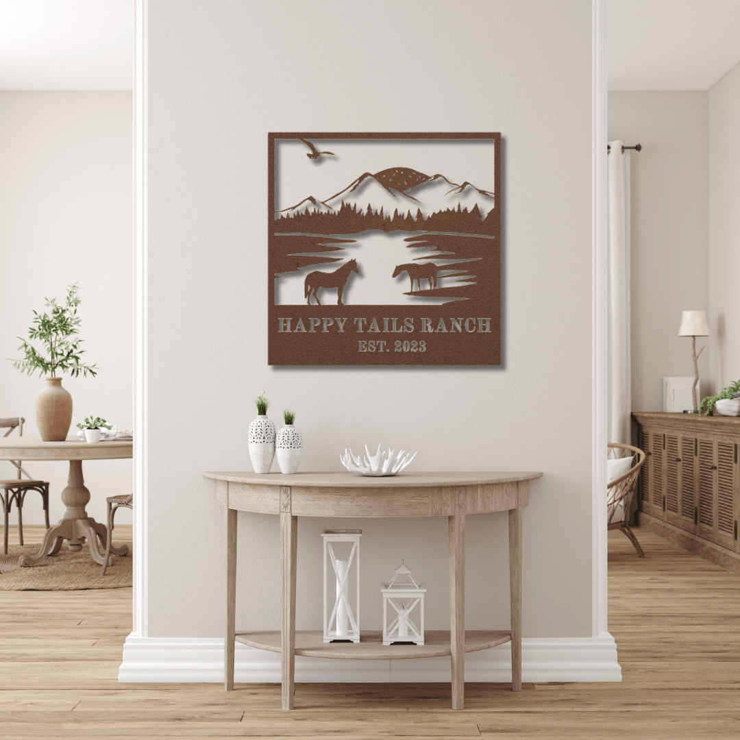 Wall Art Copper / 12 Inch Custom Name Mountains and Horses