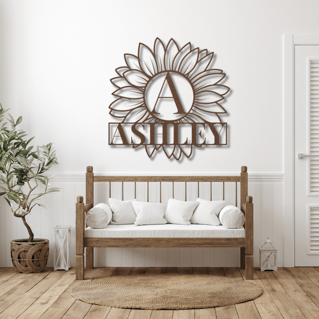 Wall Art Copper / 12 Inch Custom Sunflower Monogram and Name Sign