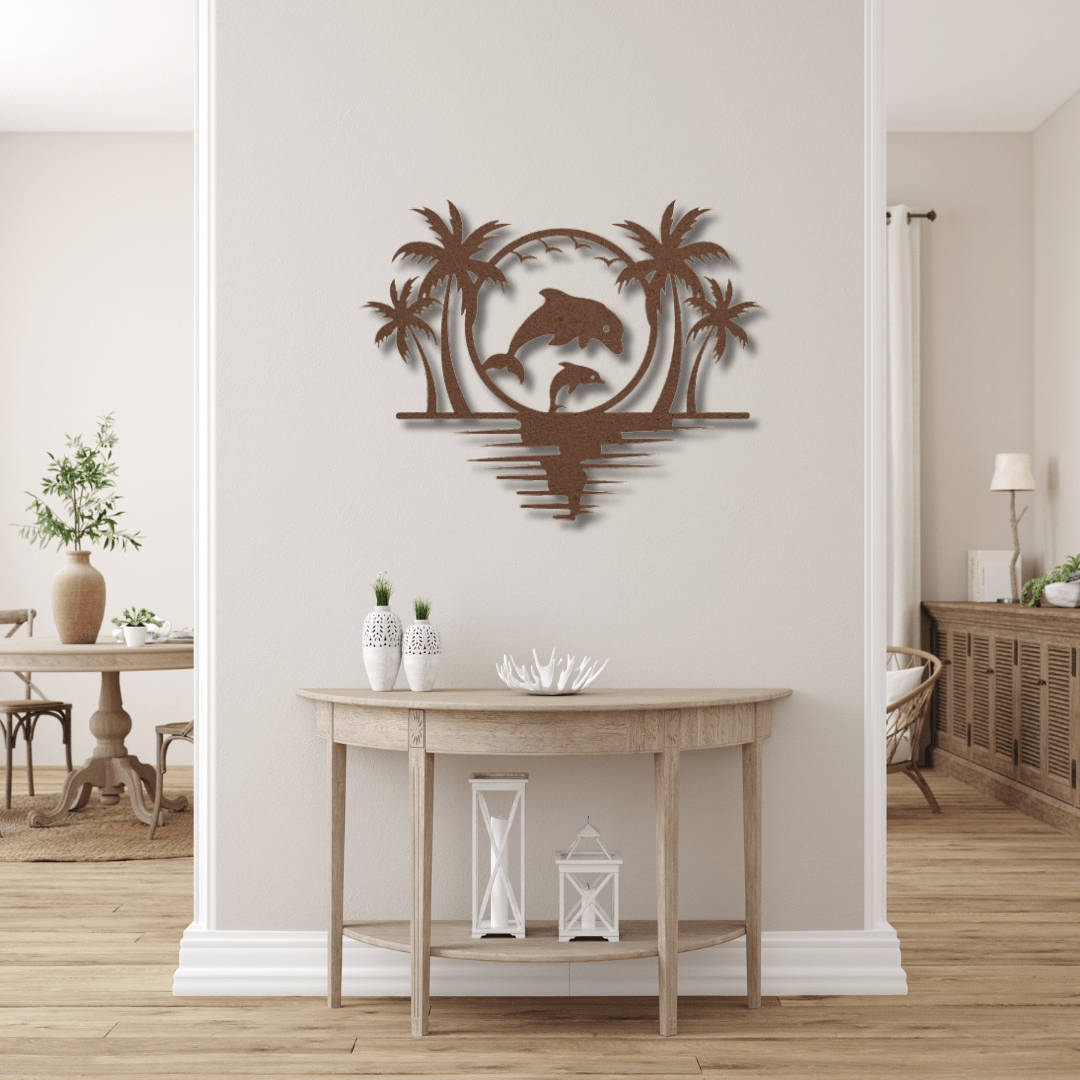 Wall Art Copper / 12 Inch Dolphin and Palm Tree Scenic Wall Art