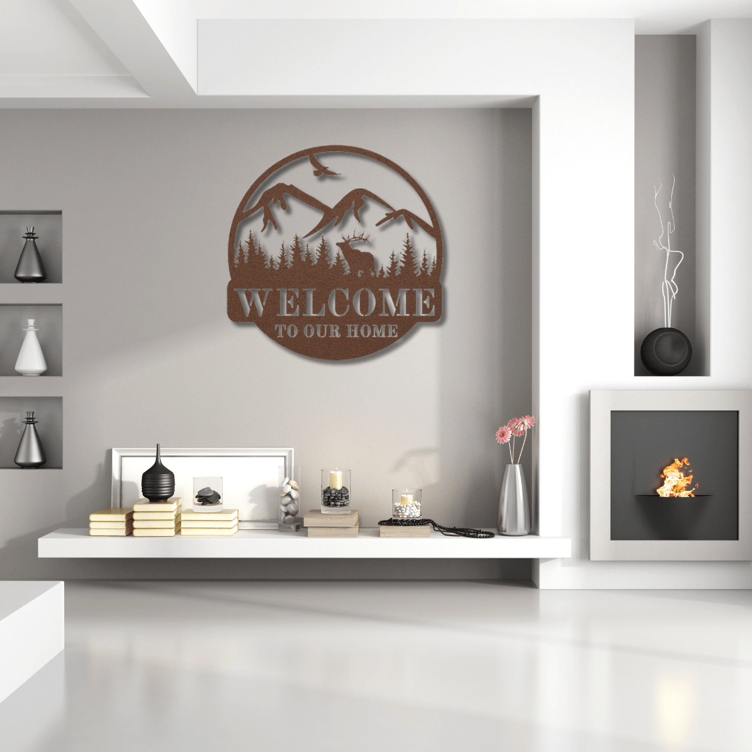 Wall Art Copper / 12 Inch Elk and Mountains Welcome Sign