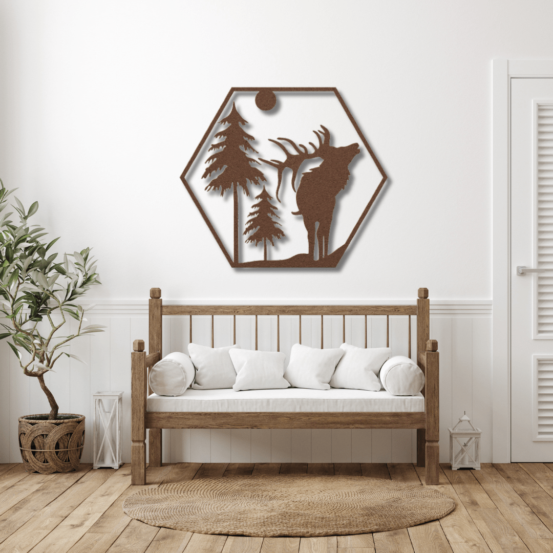 Wall Art Copper / 12 Inch Elk Scene in a Hexagon Frame